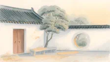 白墙庭院、圆窗与树影，水彩插画