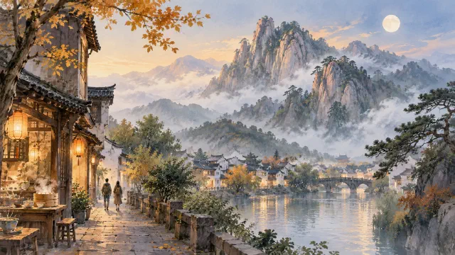 月下古镇、暖灯与雾中山岭，旅行主题插画