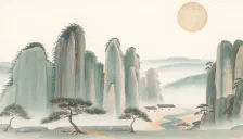 松树、雾中山峰与一轮暖月，水彩插画