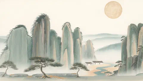 松树、雾中山峰与一轮暖月,水彩插画