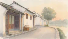 河边老街与一碗热粉，水彩插画