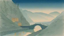 山谷溪流、石桥与暖灯，水彩插画